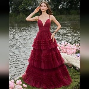 Chic Red Burgundy Wine Maroon Prom Pageant Gala Ruffle Maxi Dress XS S M